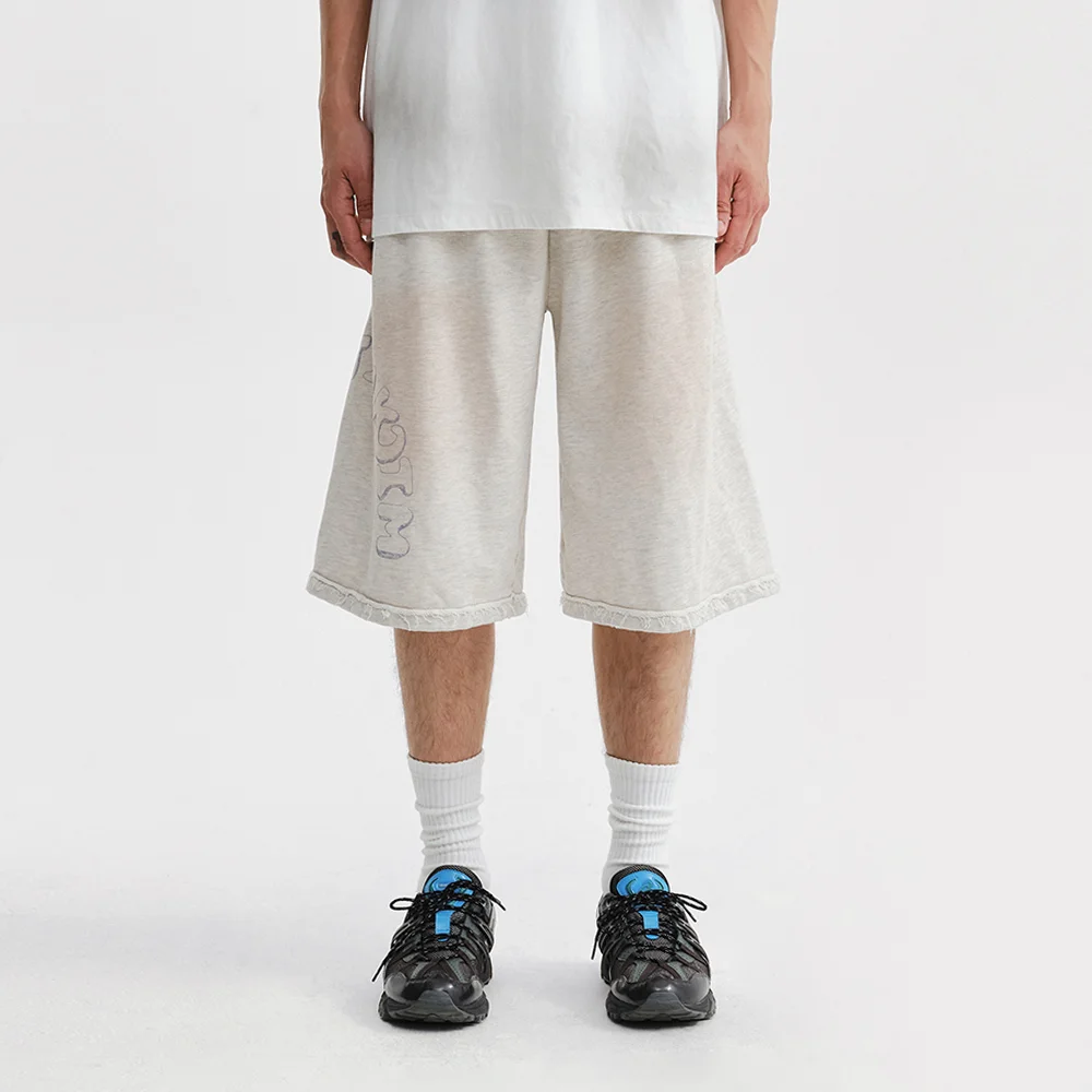 VINTAGE WASHED COLOR CONTRAST BERMUDA SWEATPANTS IN LIGHT BEIGE