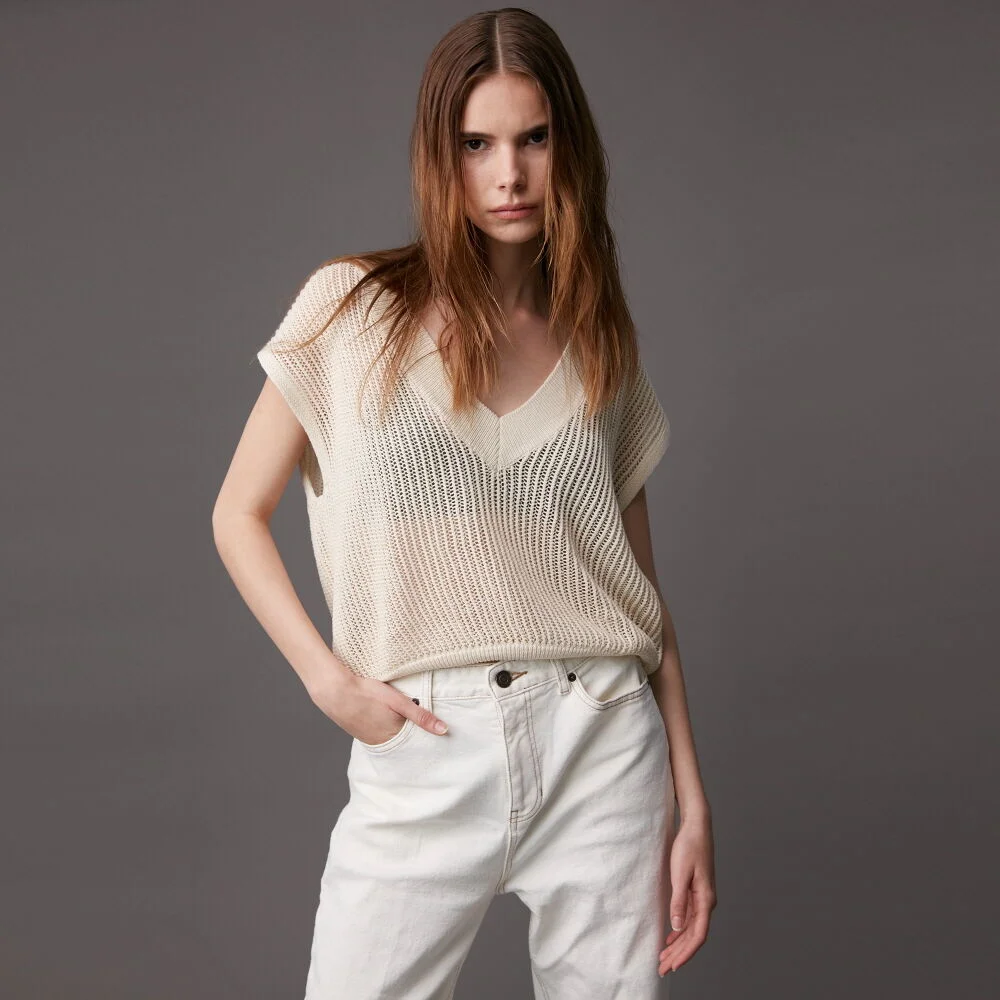 Vest V Ribbed Mesh Beige Ivory