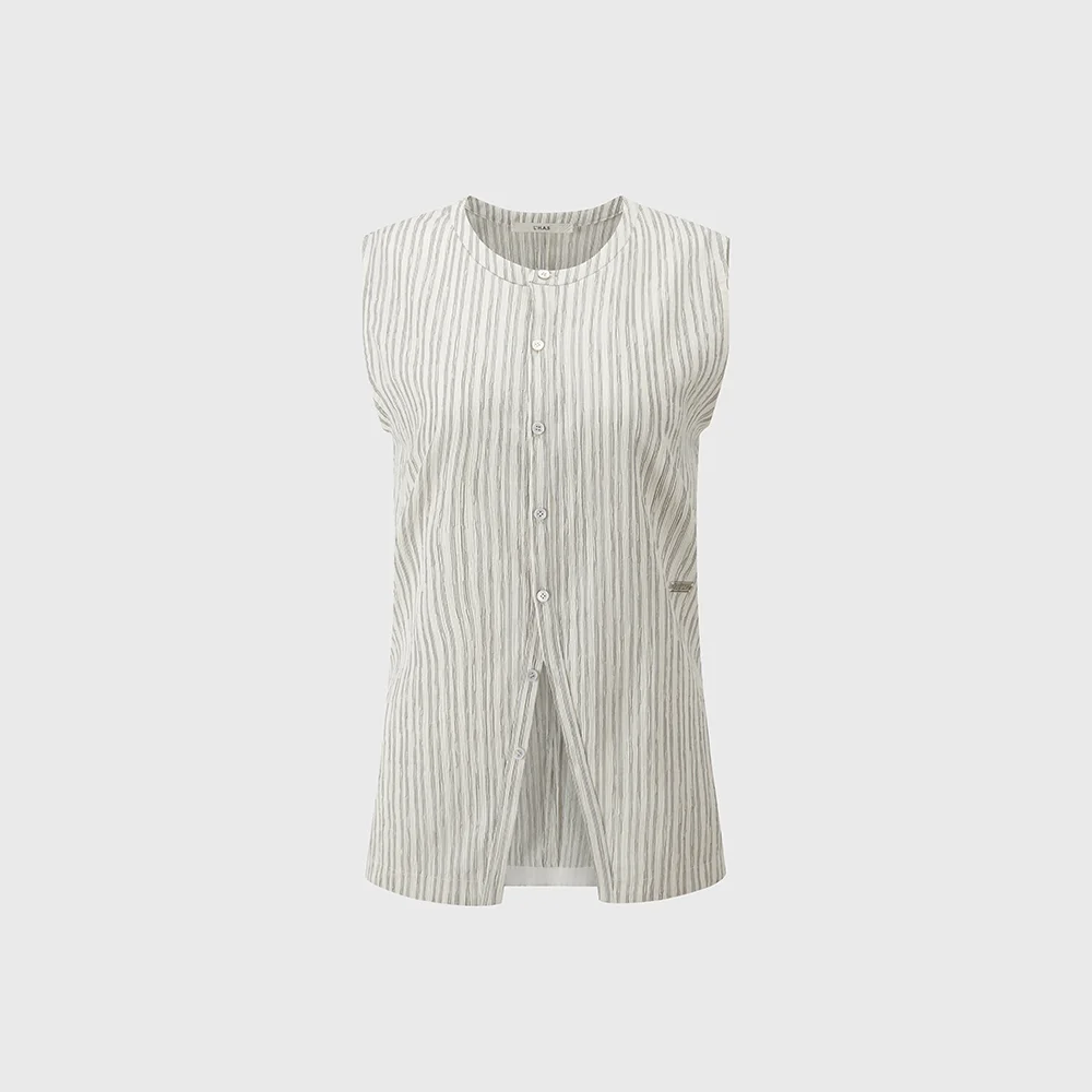 PLEATED BUTTON PLAY BLOUSON VEST_IVORY STRIPE