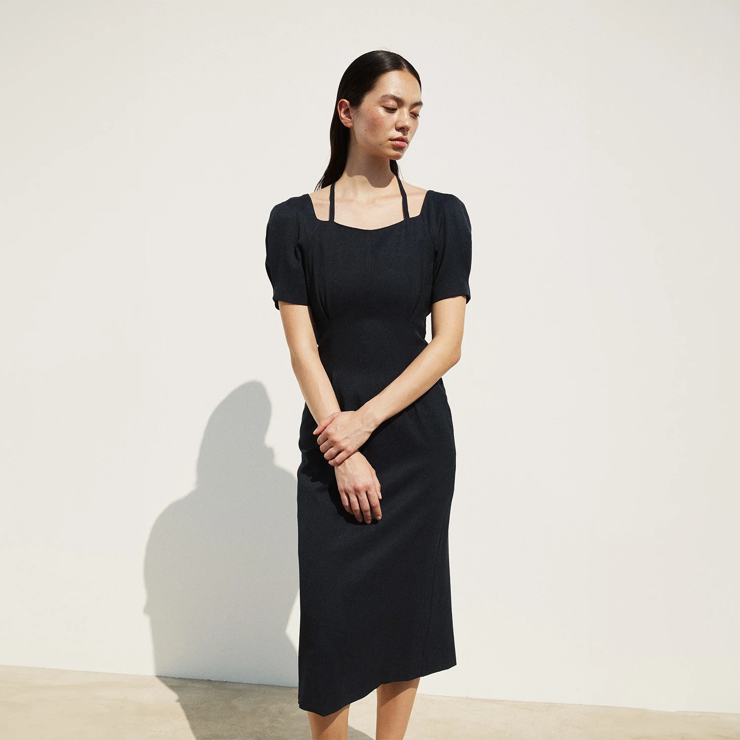 SWEETHEART-NECK HALF-SLEEVES DRESS MIDNIGHT NAVY