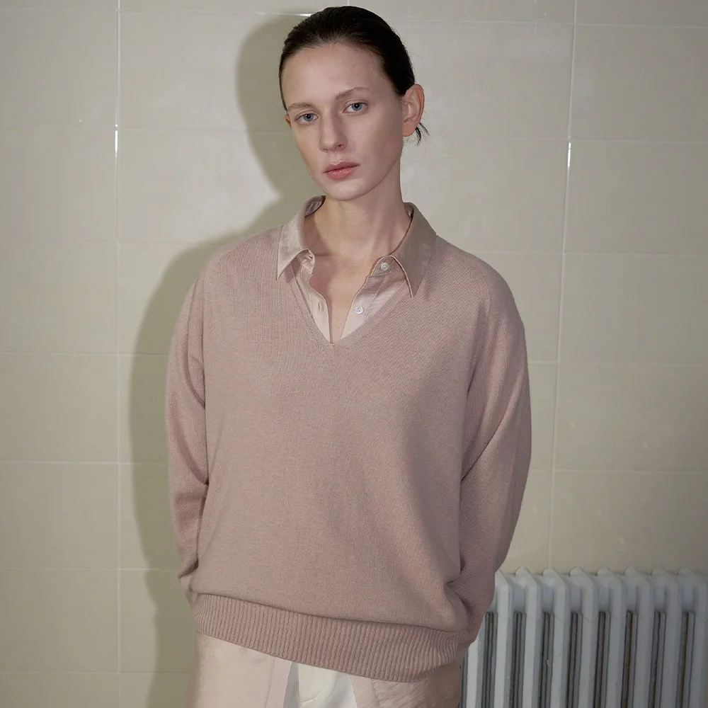 CASH MERINO V-NECK KNIT_MAUVE PINK