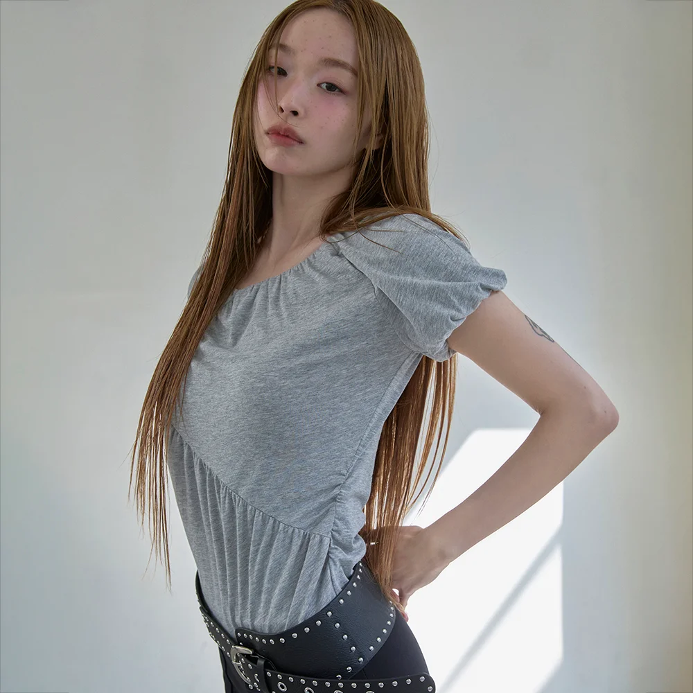 Chouetties by LUCKY CHOUETTE Shirring Detail Short Sleeve T-Shirt (melange grey) LATAX26450GYM
