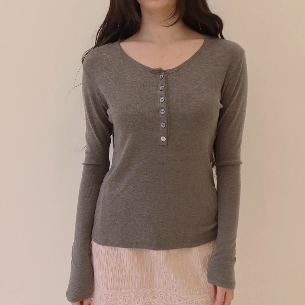 Button Henley Neck Top_Gray