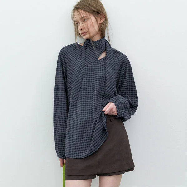 (BL-4438)VOLUME CHECK TIED BLOUSE