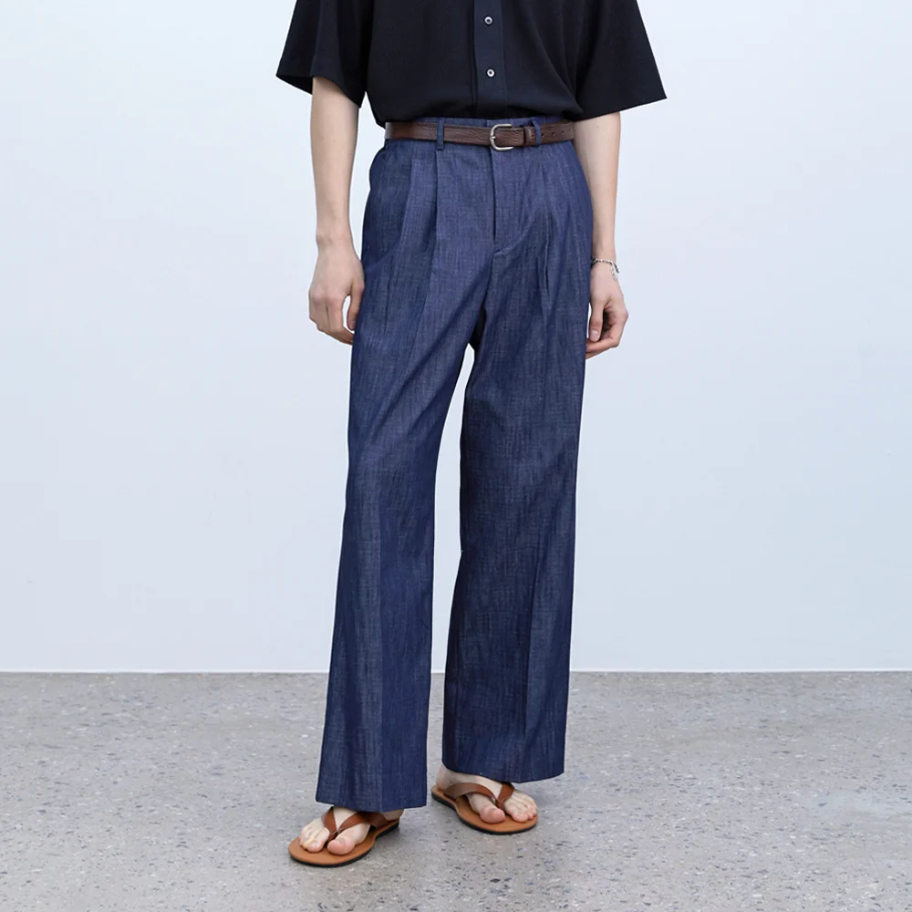 涼感 亞麻 雙褶 寬版 牛仔 西褲_Indigo Denim
