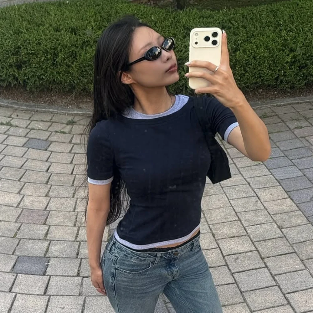 WOMEN BOAT NECK DOUBLE LAYER SLIM RIB T - INK GRAY