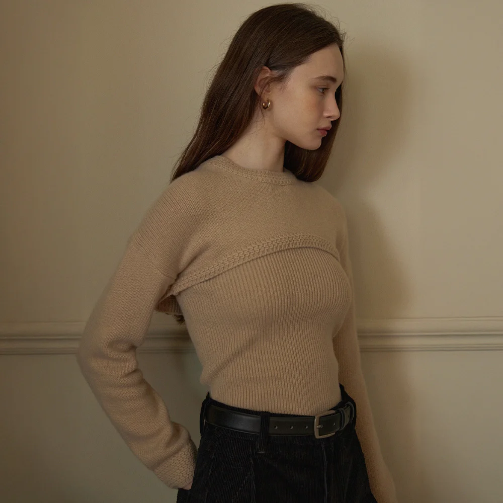 Cropped Pullover Top Set_Ivory, Beige, Black