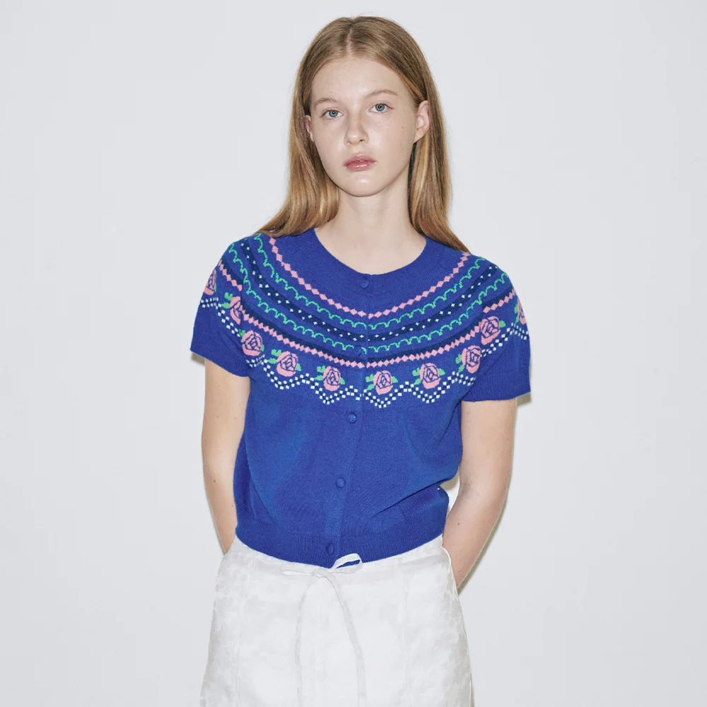 Rose Jacquard Short-Sleeve Cardigan (Blue)
