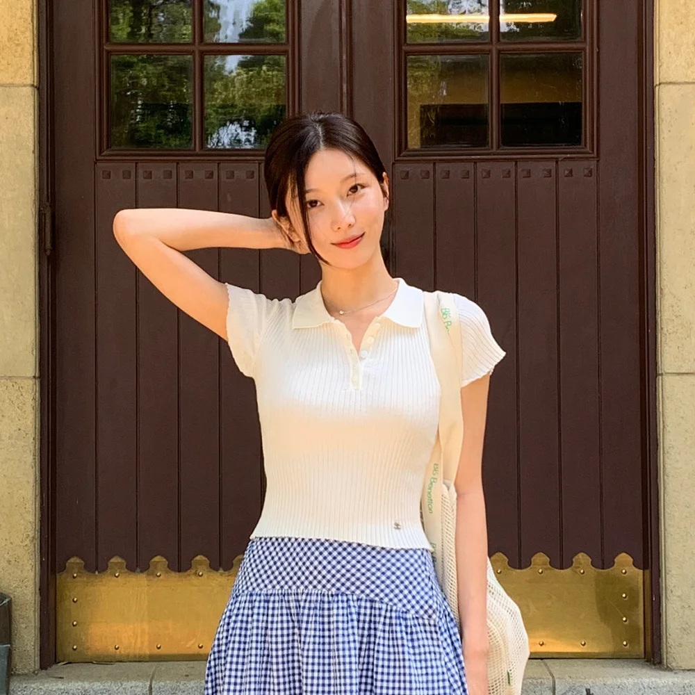Bibi 唇 彈力 短袖 衣領 針織衫 (White)