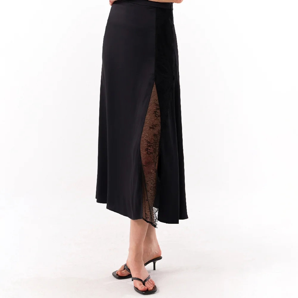 Elodie lace front-slit skirt (black)