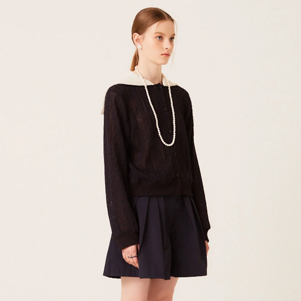 SAILOR COLLAR LINEN KNIT CARDIGAN (NAVY)