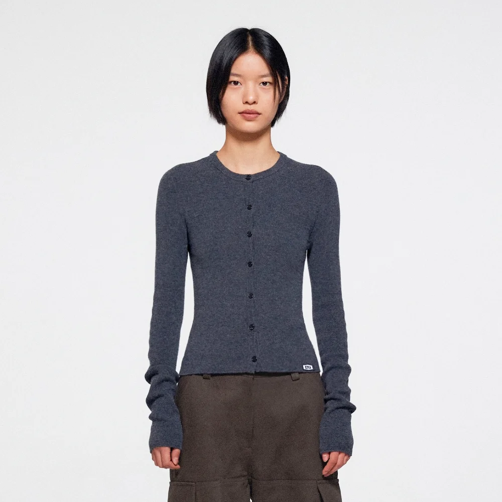 WOMEN SLIM COLLARLESS KNIT CARDIGAN - GRAY