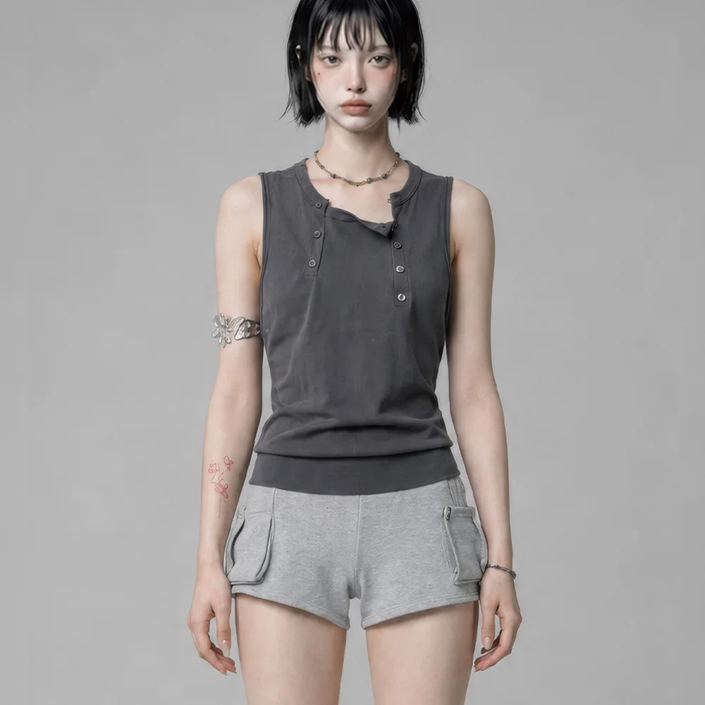 Two-Line Button Short Sleeveless (Charcoal)