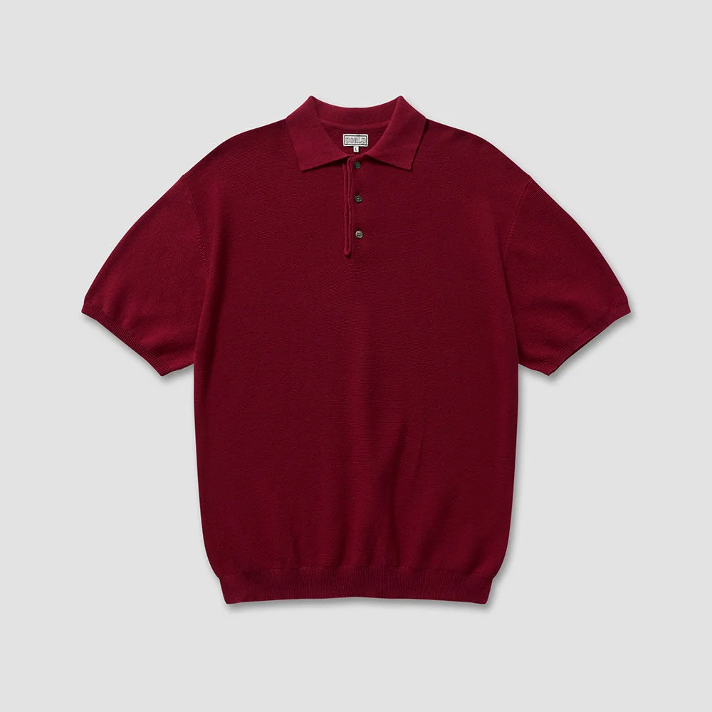Half-Open Collar Short-Sleeved Cotton Knit (Deep Red)