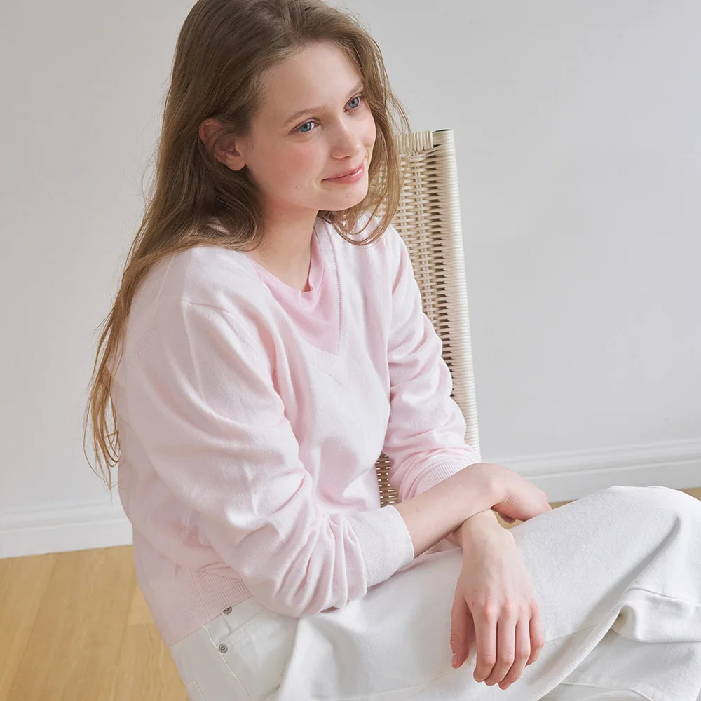 A WASHABLE V-NECK KNIT TOP_LIGHT PINK