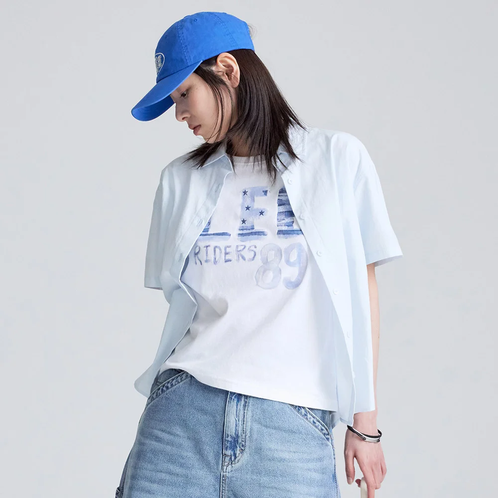 女裝 格紋 短袖 襯衫 淺藍色