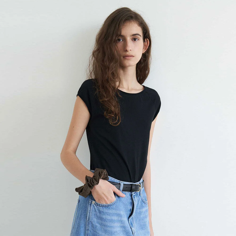 Round Neck Cap Sleeve T-Shirt(Black)