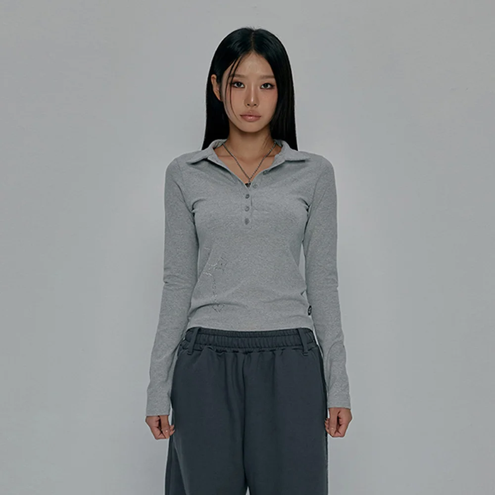 CROSS BUTTON COLLAR LONG SLEEVE_GREY
