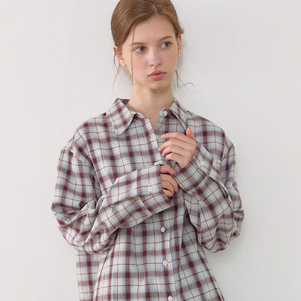 Oversize Checked Shirt - Beige Burgundy