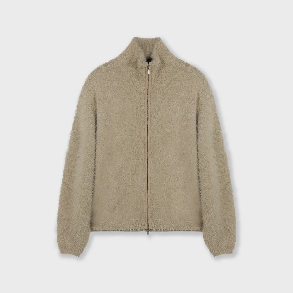 HAIRY KNIT HIGH NECK ZIP-UP BEIGE