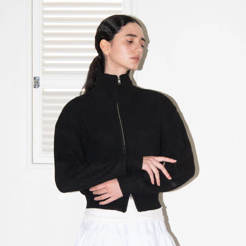 TWO WAY KNIT ZIP-UP CARDIGAN / BLACK