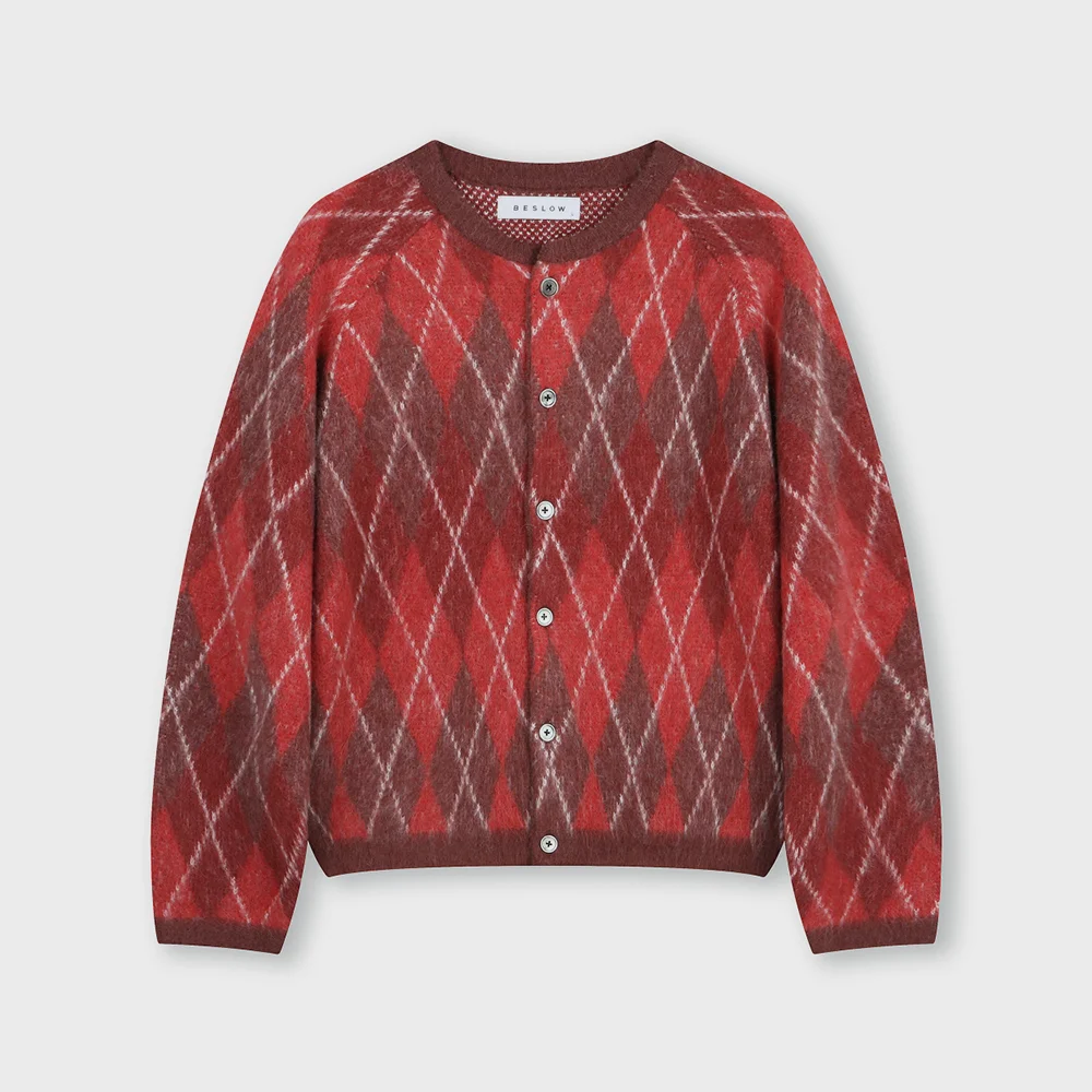 ARGYLE CREW NECK SHORT CARDIGAN RED