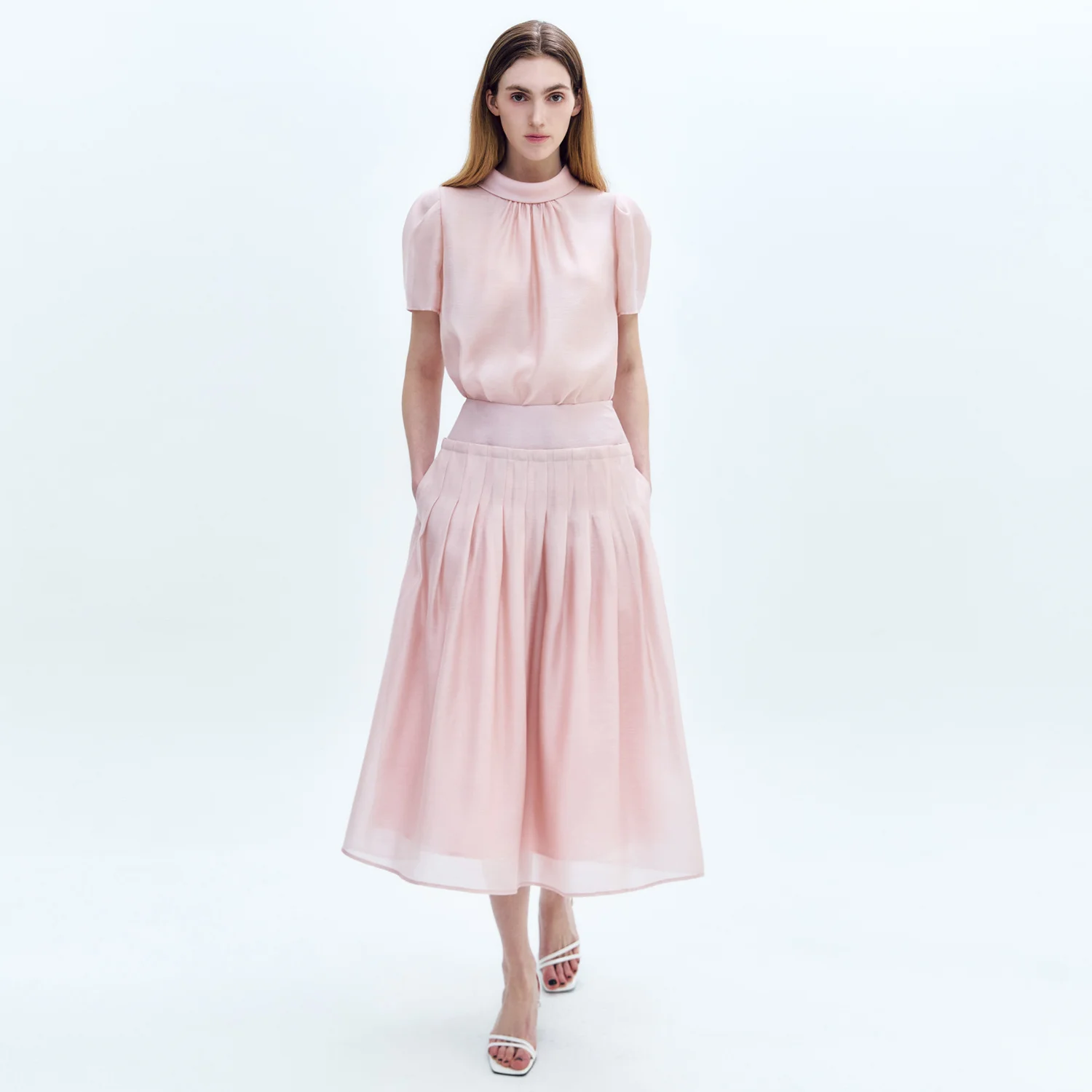 Roll collar Short Blouse + Sheer Pleats Midi Skirt PINK
