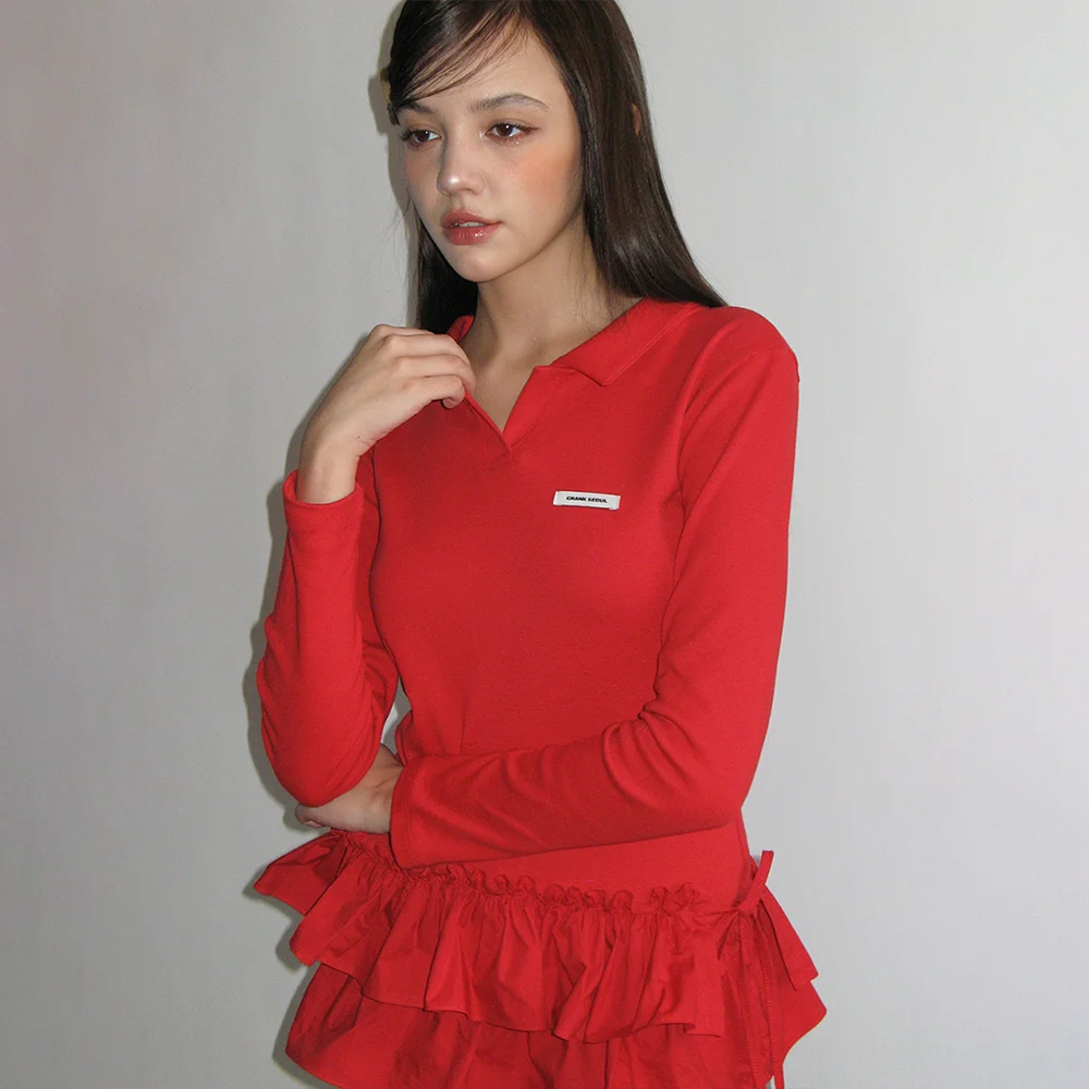 DOUBLE FRILL COLLARED TOP_RED