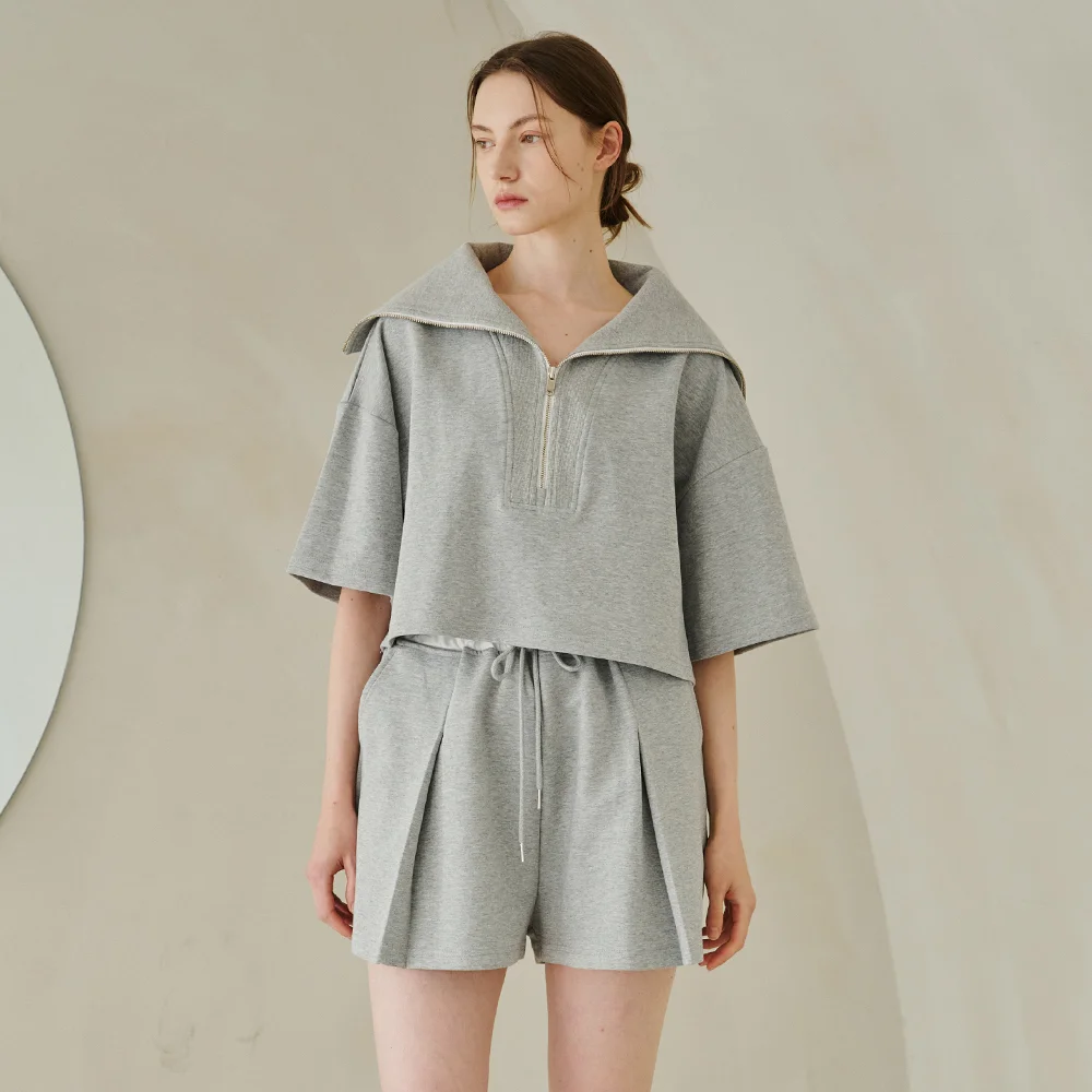 Wide Collar Half Sleeve T-Shirts Set Up - M.Gray