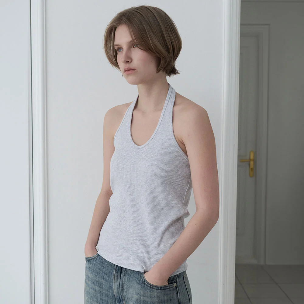 Label Ribbed Halter Neck Top (White melange)