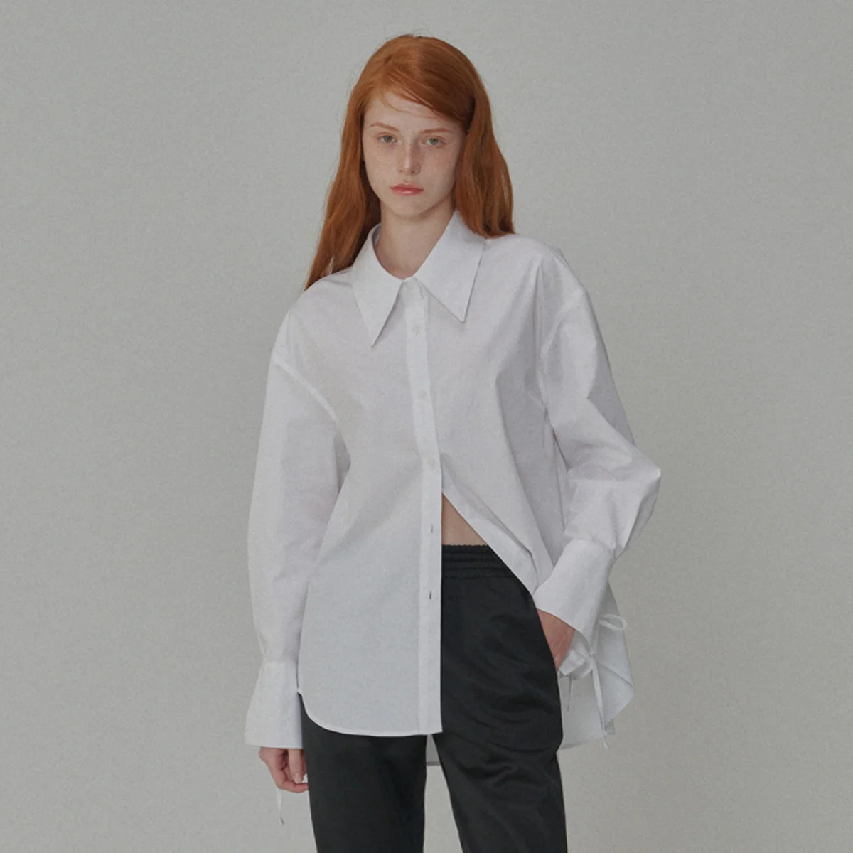 Ribbon Detailed Over-fit Cotton Shirt_White