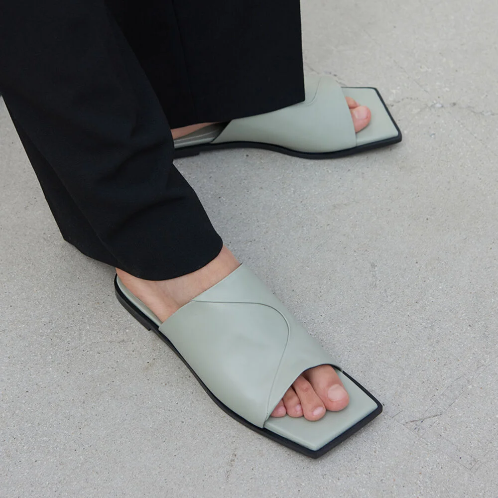 Ari Leather Slides Mint Grey