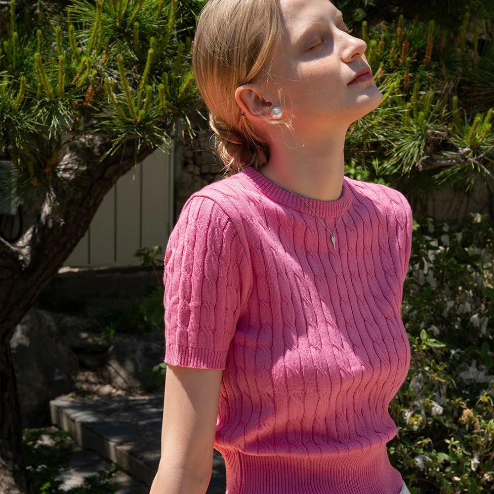 SIKN2029 cotton crop cable knit_Pink