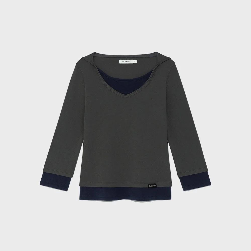 3/4 LAYERED CONTRAST HOODIE (DEEP CHARCOAL)