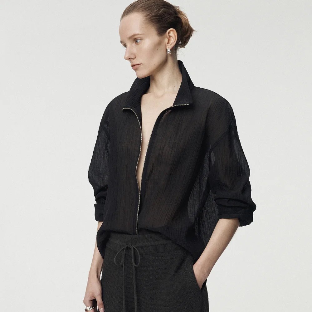 Crinkled Cotton Zipup Jacket_Black