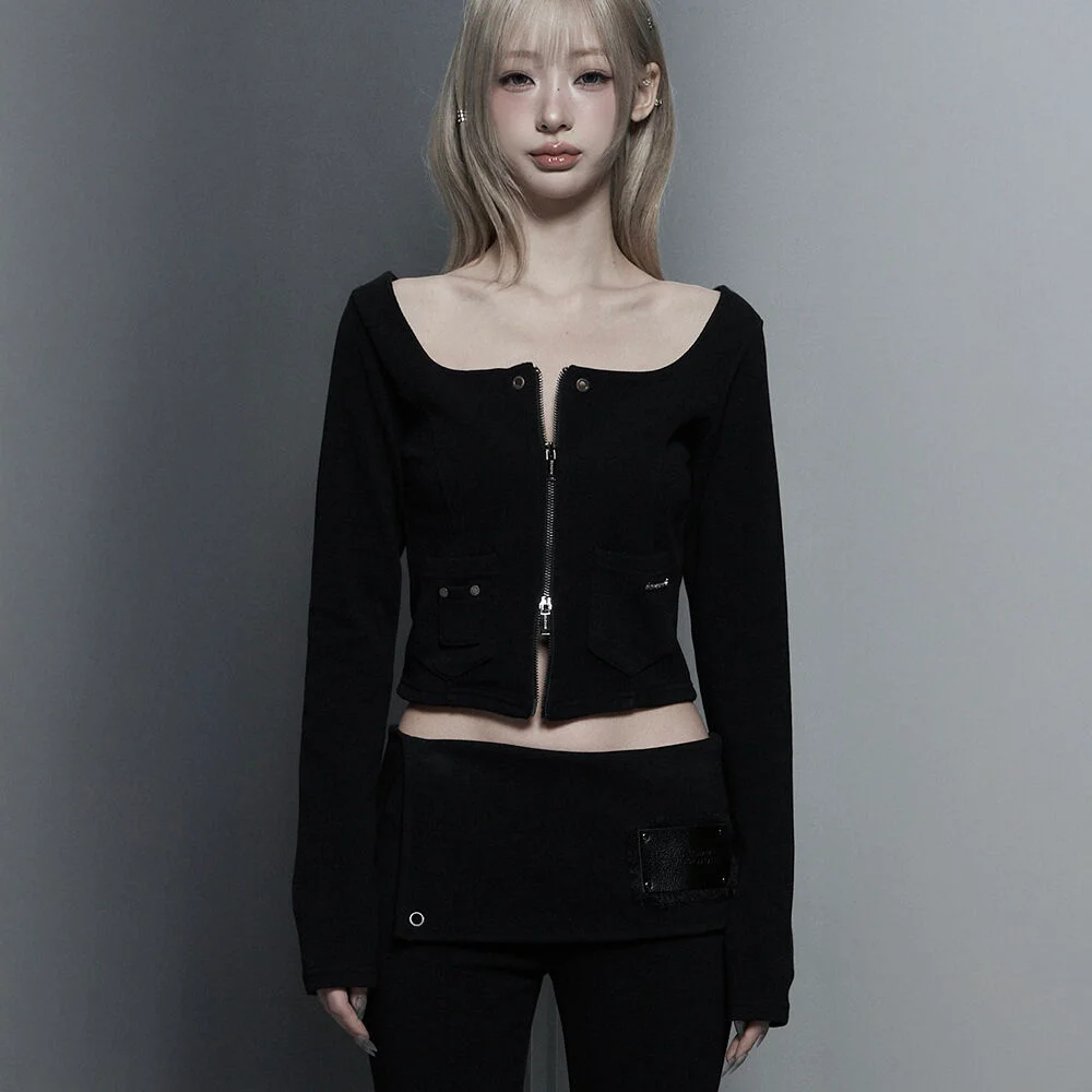 Square Button Point Slim-Fit Long Sleeve Top (Black)