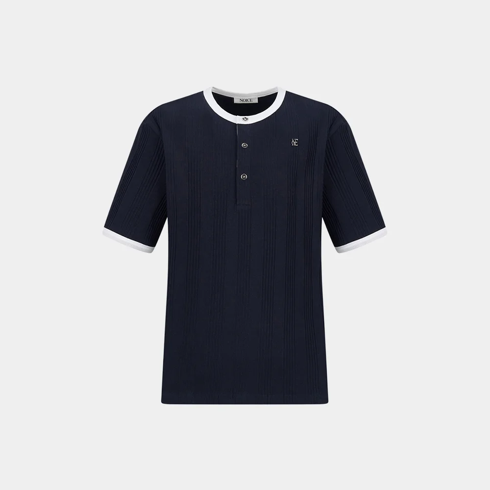 COTTON RIBBED RINGER HENLEY NECK - NAVY