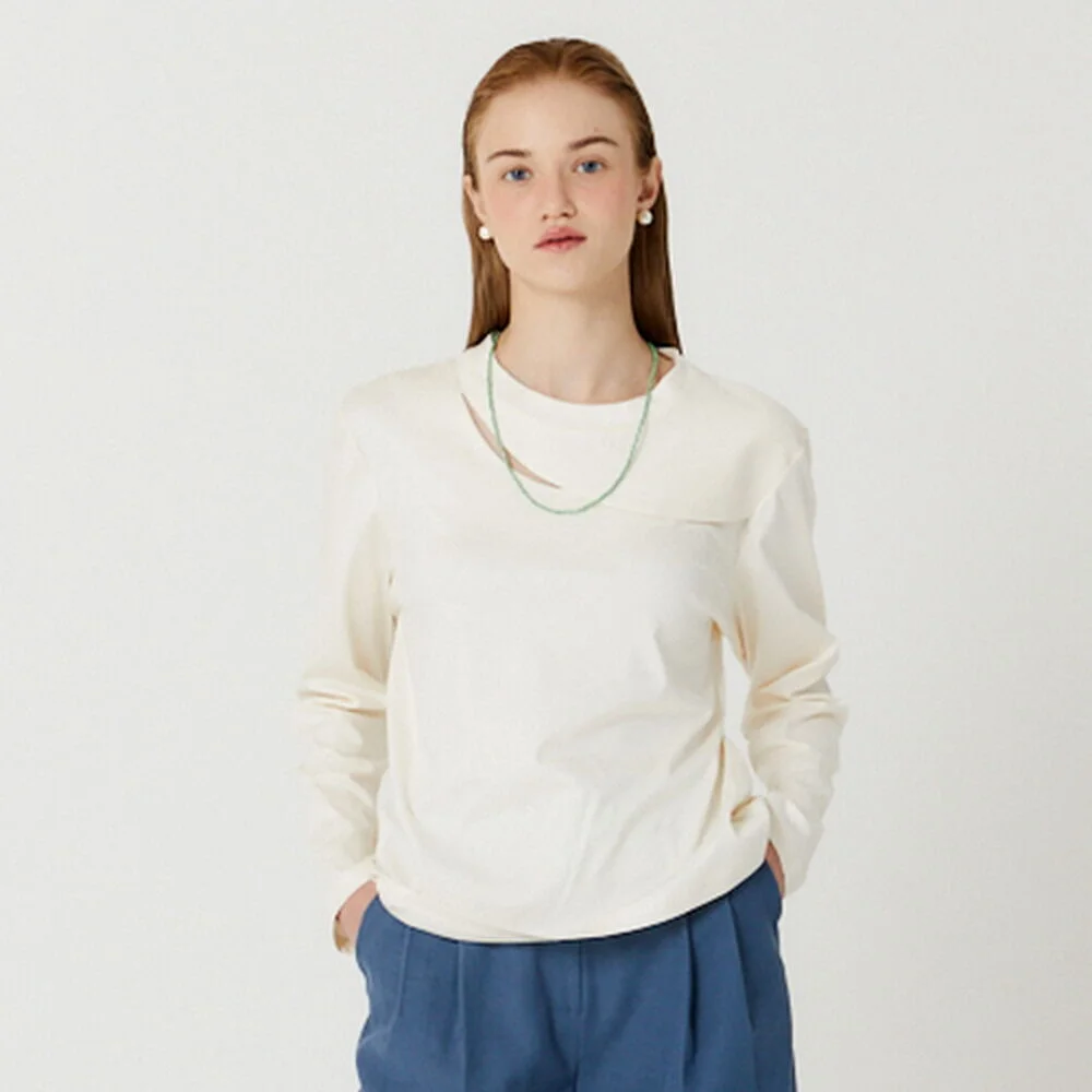 ROUND SLIT SILKET COTTON LONG SLEEVE T-SHIRTS(WHITE)