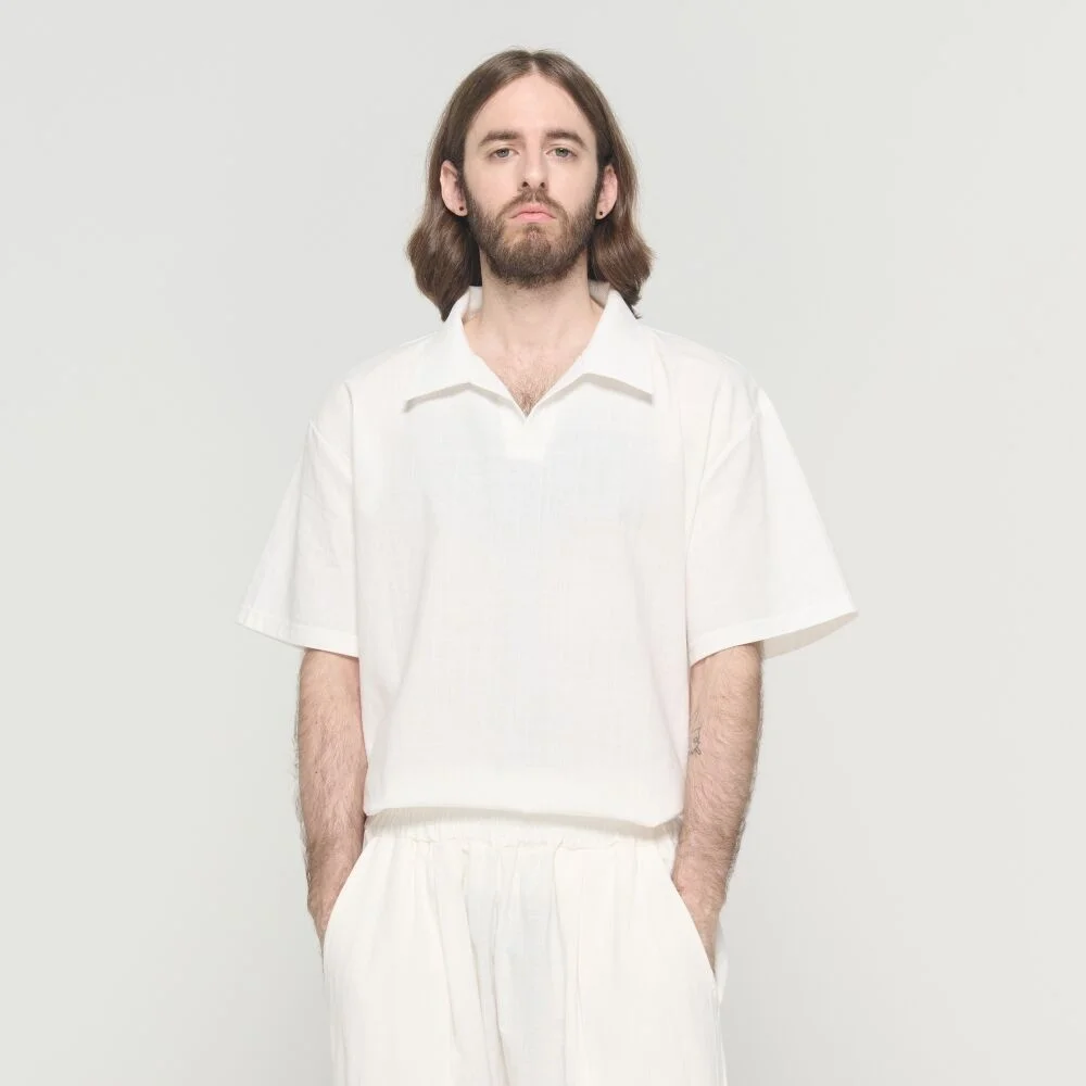 LINEN LIKE OPEN COLLAR SHORT SLEEVE SHIRT (WHITE)