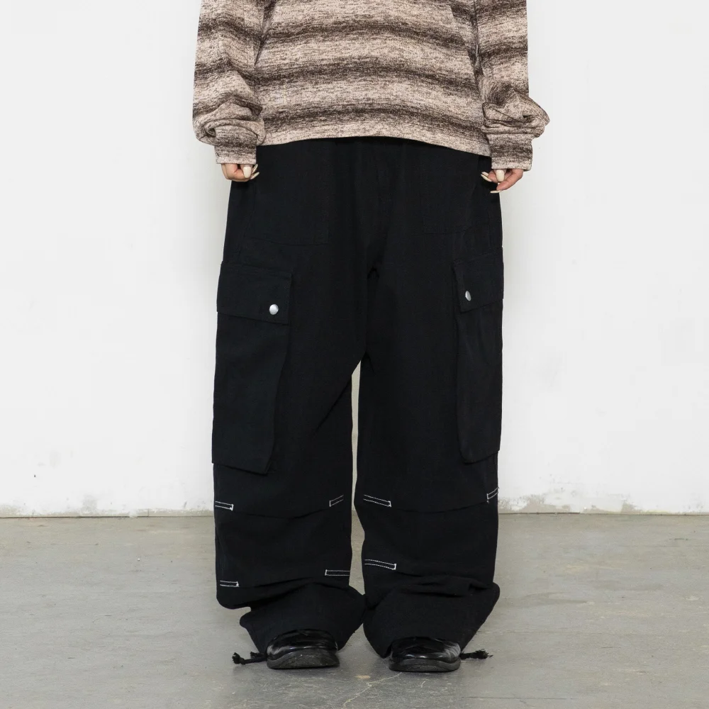GP172 寬鬆 工裝 人字紋 純棉 褲子 (BLACK)
