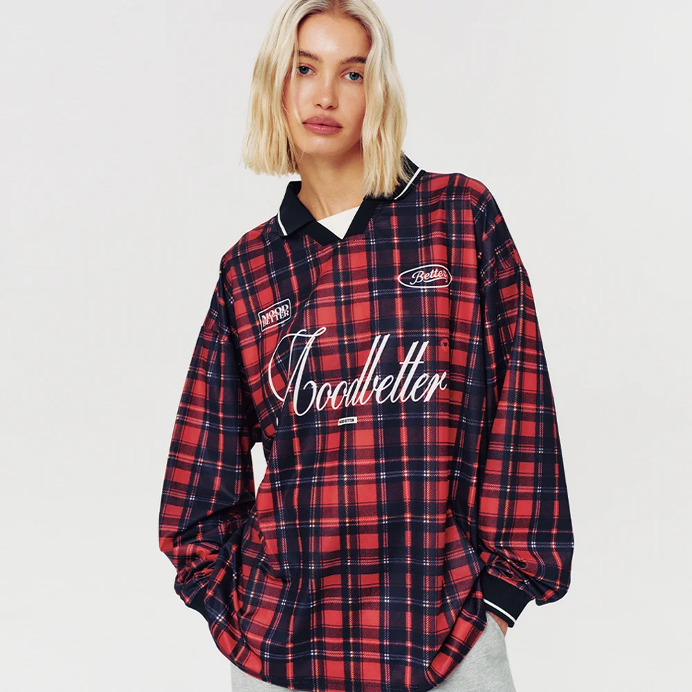 LETTERING CHECK FOOTBALL JERSEY LONG SLEEVE RED