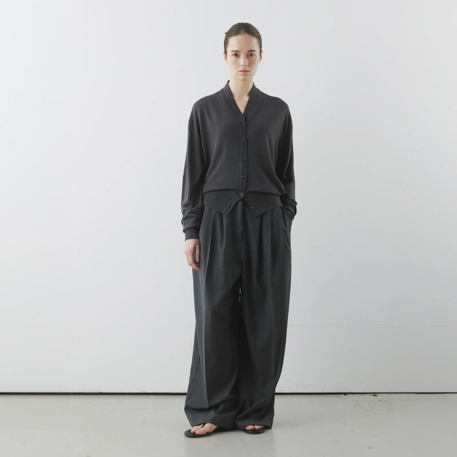 Sleek Pintuck Slacks in Charcoal Stripe