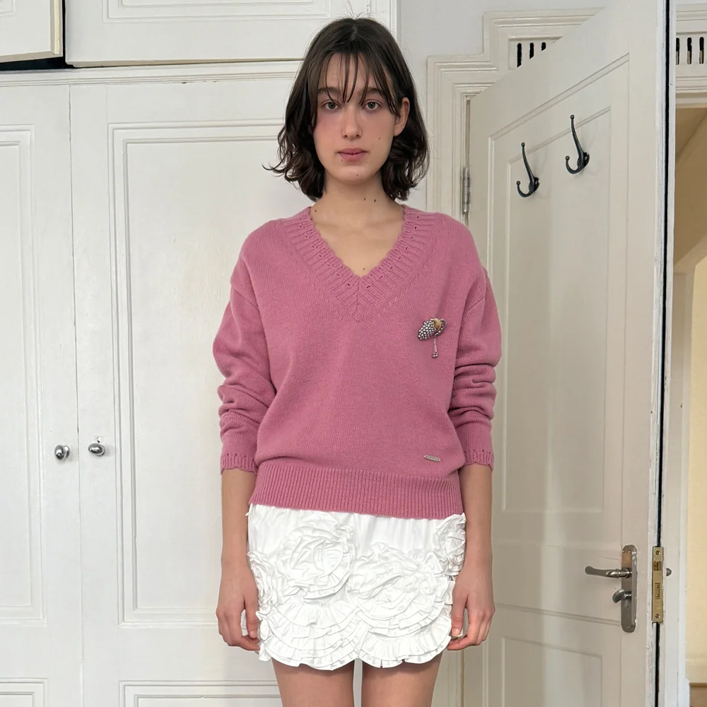 Scallop V-Neck Pullover Knit (Rose)