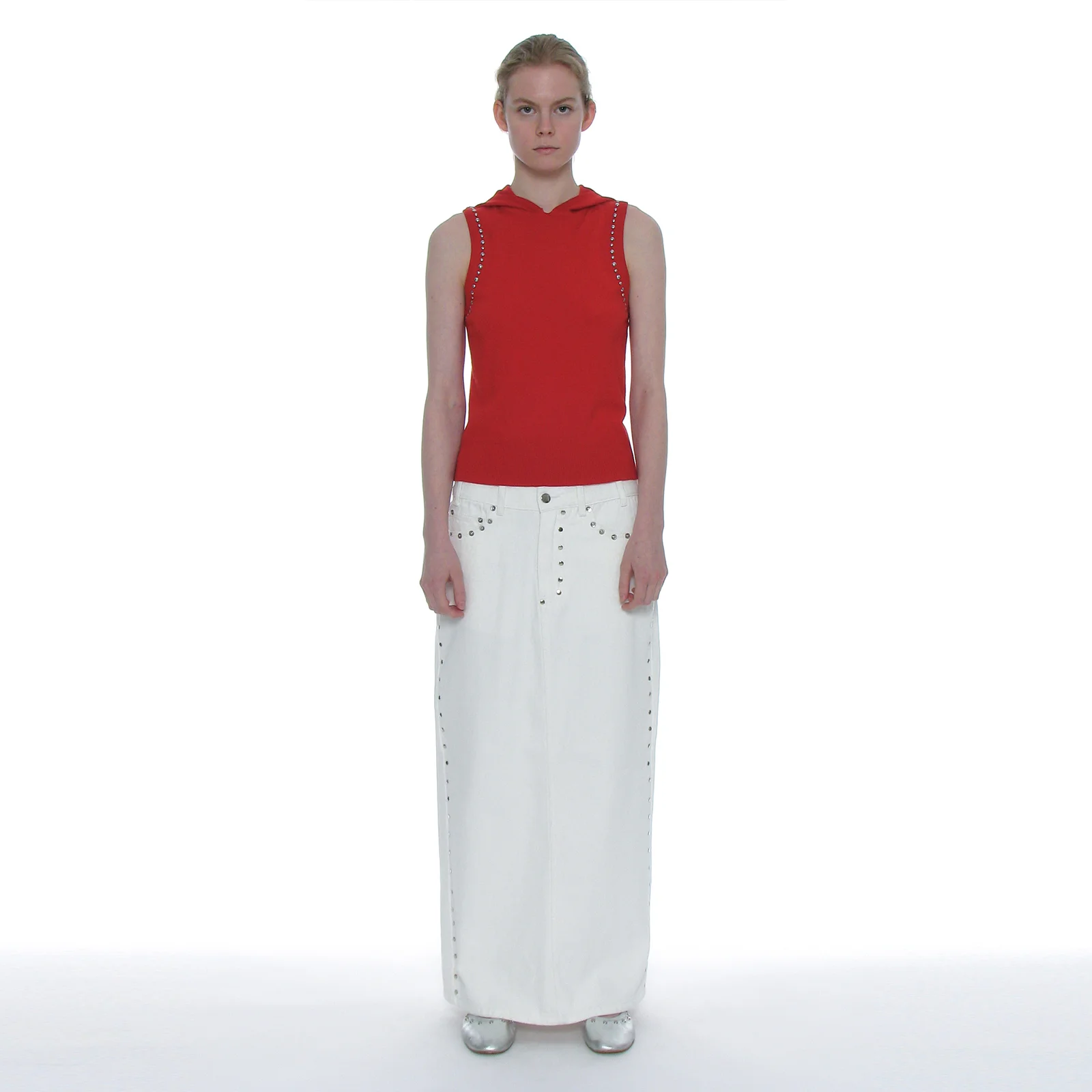 STUDED DENIM MAXI SKIRT_WHITE