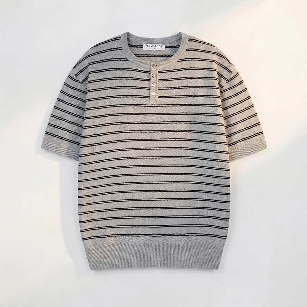 Stripe Henleyneck Cotton Knit GREY