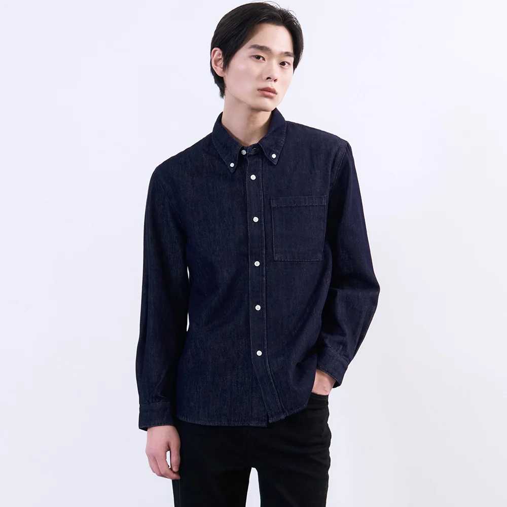Non-fade 長 衣袖 牛仔 襯衫 深藍色