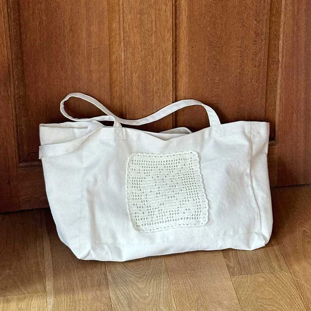 Flower Doily Big Canvas Shopper Bag _ Cream (花卉 蕾絲墊 方格編織 手工製 鉤織 大 帆布 購物袋)