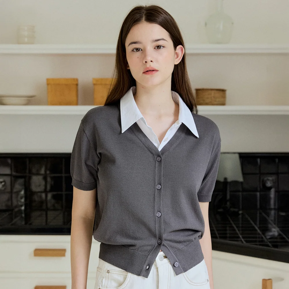 COLLAR SHORT CARDIGAN_CHARCOAL
