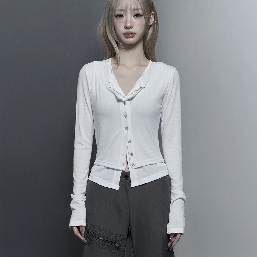 U-Neck Double Button layered Cardigan (White)
