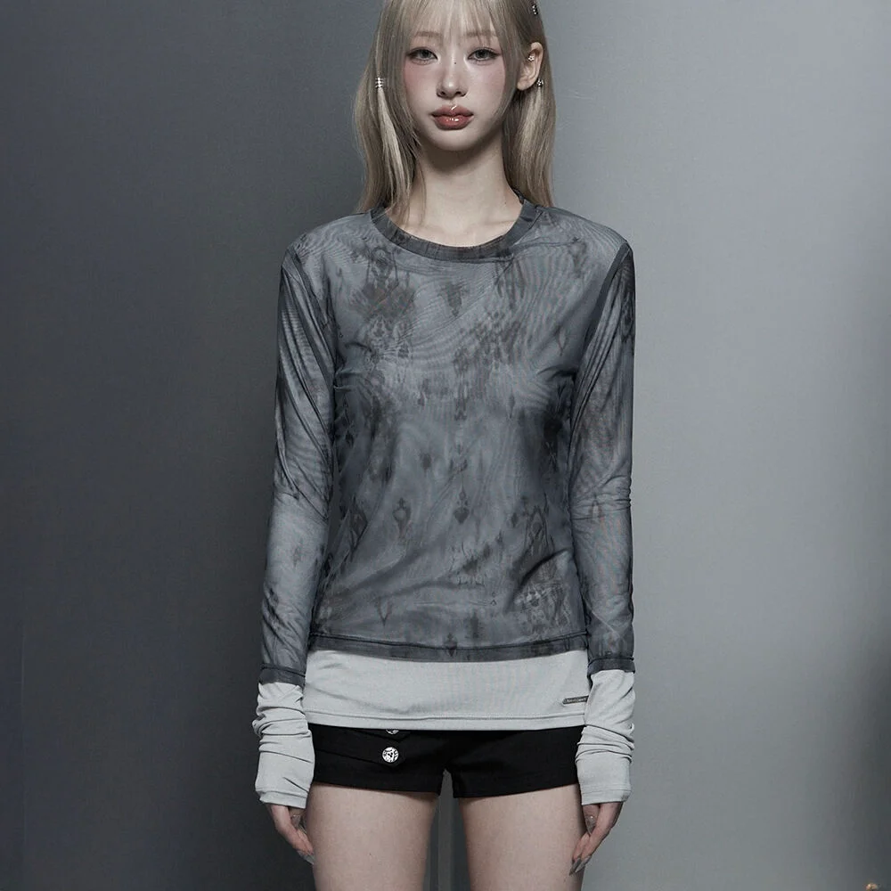 Sheer Double Rib Long Sleeve Top (Light Gray)